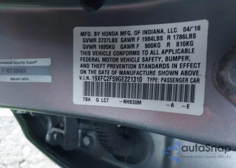 2016 Honda Civic Lx z USA, uszkodzony, nr VIN 19XFC2F59GE221310